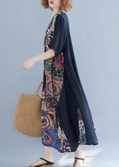 O Neck Patchwork Cotton Summer Dresses Photography Black Robe Dress