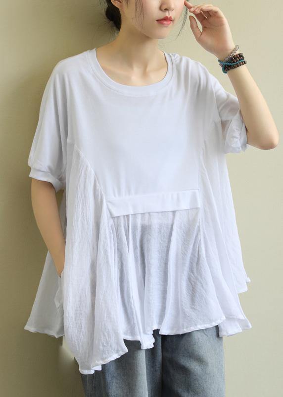 O Neck Patchwork Cotton Summerlong Shirts Fabrics White Tops