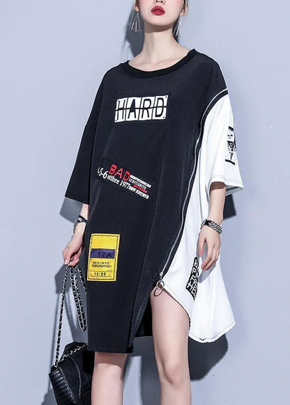 O Neck Patchwork Silk Cotton Clothes Catwalk Black Zippered Dresses Summer