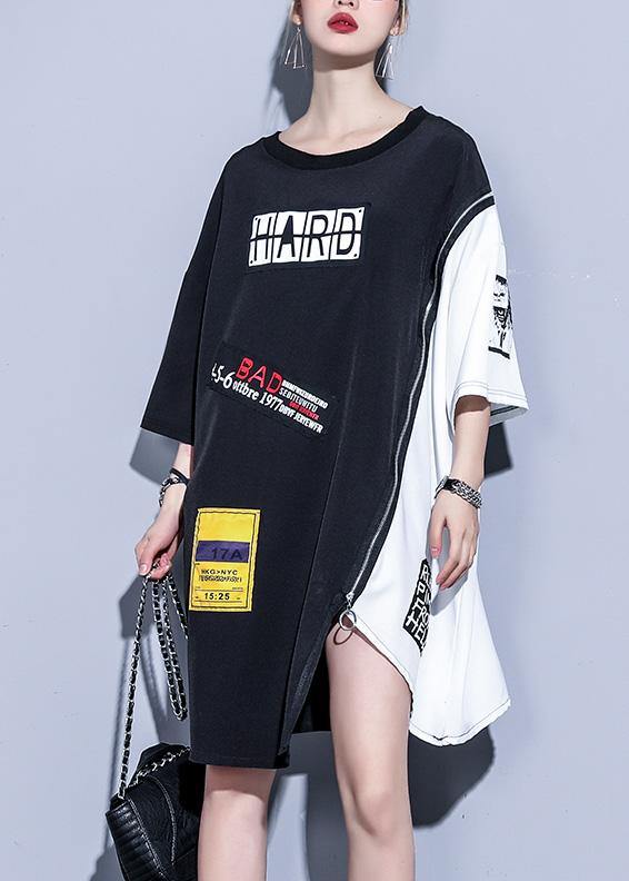 O Neck Patchwork Silk Cotton Clothes Catwalk Black Zippered Dresses Summer