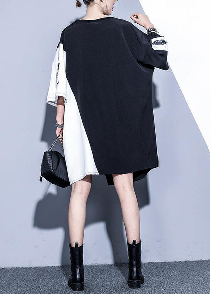 O Neck Patchwork Silk Cotton Clothes Catwalk Black Zippered Dresses Summer