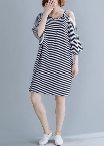 O Neck Side Open Cotton Tunic Dresssewing Black Striped Dress