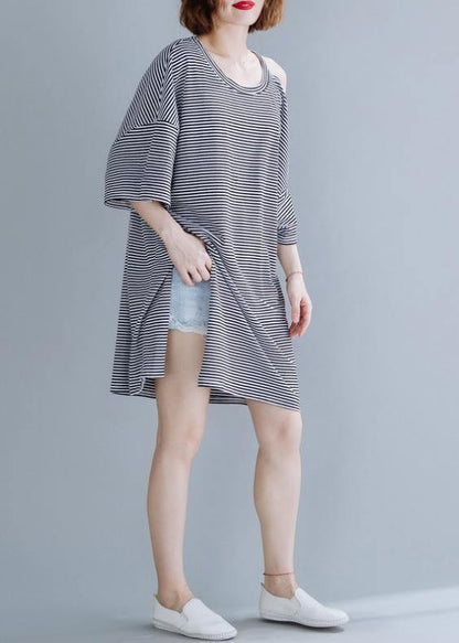 O Neck Side Open Cotton Tunic Dresssewing Black Striped Dress