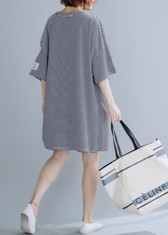 O Neck Side Open Cotton Tunic Dresssewing Black Striped Dress
