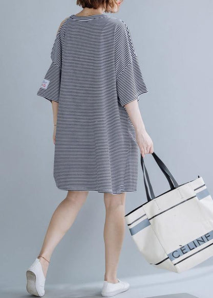 O Neck Side Open Cotton Tunic Dresssewing Black Striped Dress