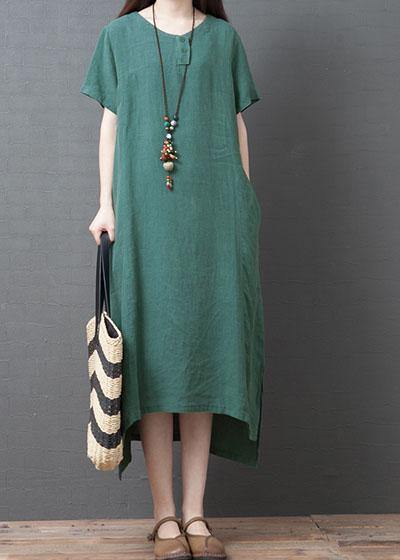 O Neck Side Open Cotton Dresses Sewing Green Kaftan Dress Summer