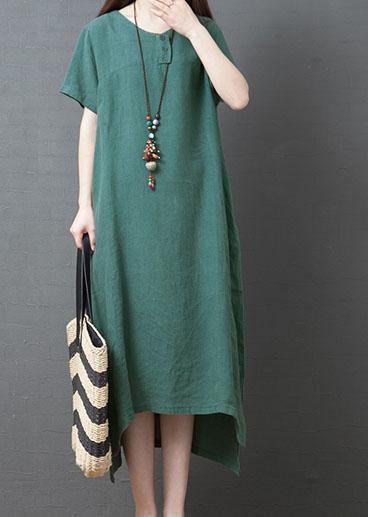 O Neck Side Open Cotton Dresses Sewing Green Kaftan Dress Summer