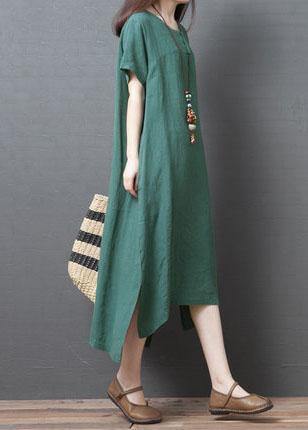 O Neck Side Open Cotton Dresses Sewing Green Kaftan Dress Summer