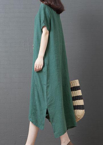 O Neck Side Open Cotton Dresses Sewing Green Kaftan Dress Summer