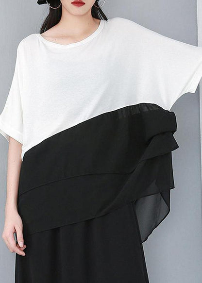 Pattern Organic White Cotton Chiffon Spliced Irregular Blouse