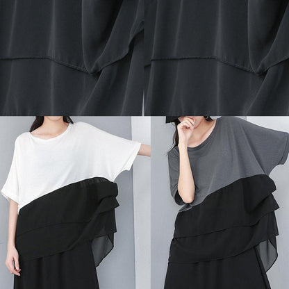 Pattern Organic White Cotton Chiffon Spliced Irregular Blouse