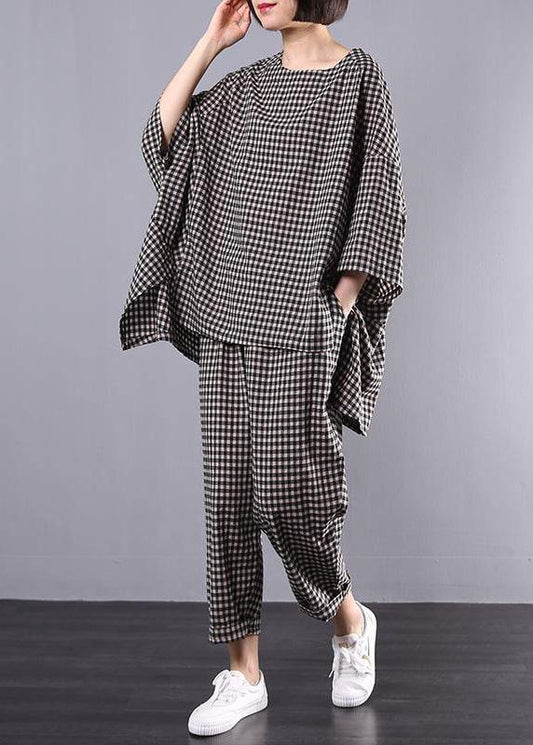 Pattern Stylish Cotton Linen Gray Plaid Blouse and Pants