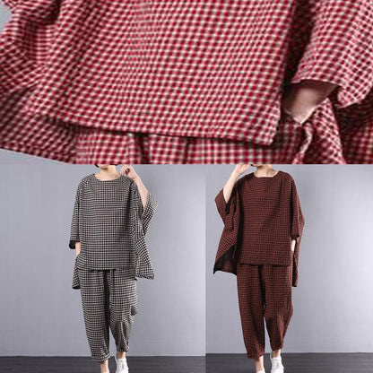 Pattern Stylish Cotton Linen Gray Plaid Blouse and Pants