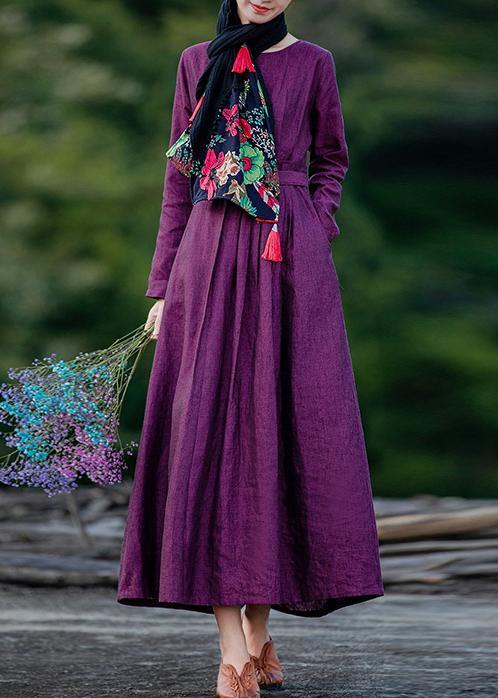 Purple Clothes for O Neck Cinched Maxi Spring Dresses