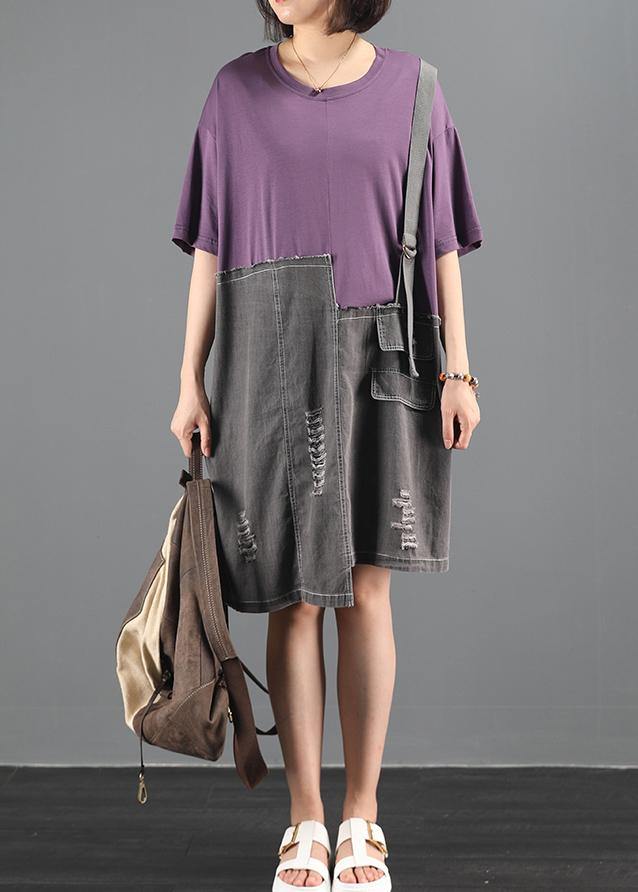 Purple Patchwork Denim Dress Pattern O Neck Baggy Summer Dress