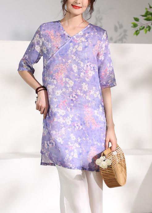 Purple Print Linen Clothes V Neck Half Sleeve Knee Tops