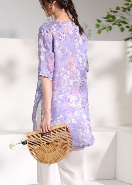 Purple Print Linen Clothes V Neck Half Sleeve Knee Tops