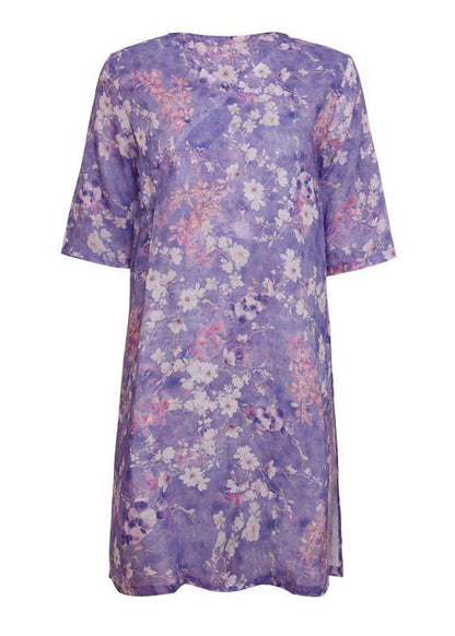 Purple Print Linen Clothes V Neck Half Sleeve Knee Tops