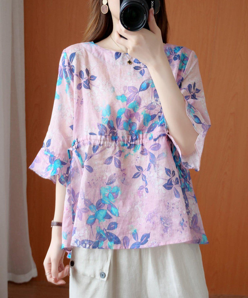 Purple Print Top O Neck Drawstring Daily Summer Blouses