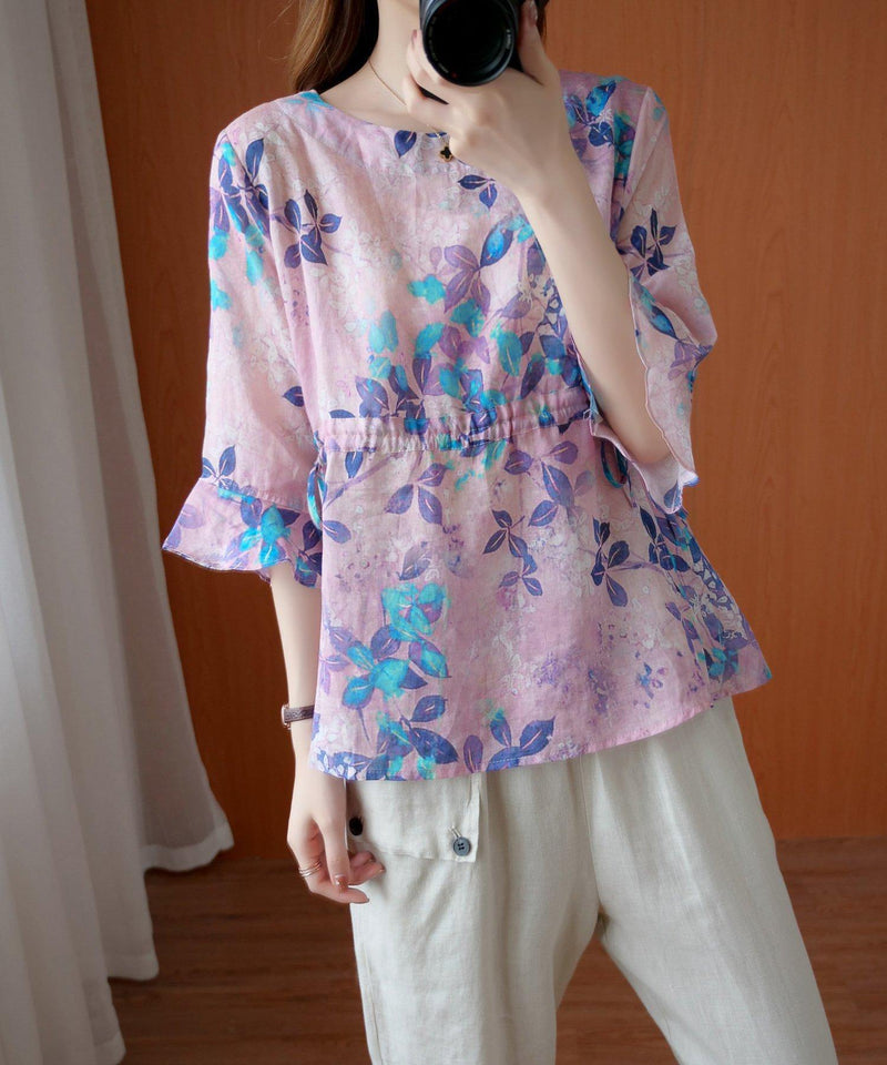 Purple Print Top O Neck Drawstring Daily Summer Blouses