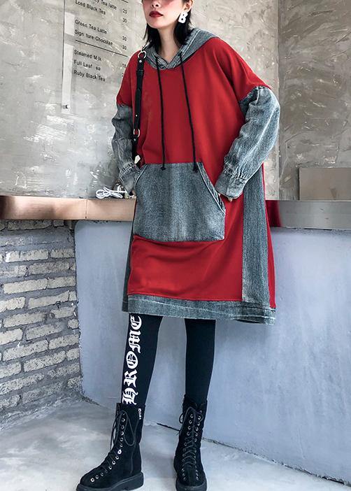 Red Cotton Clothes Hooded Maxi Patchwork Dresses