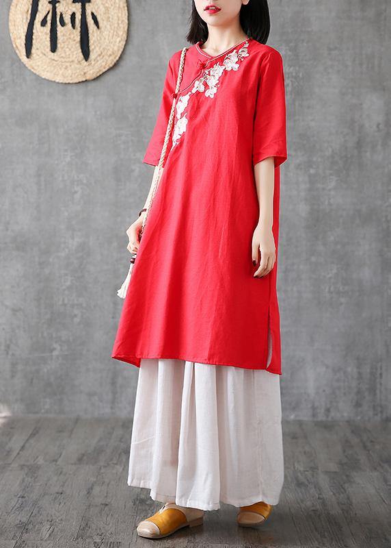 Red Cotton Dresses Embroidery Chinese Button Short Dress