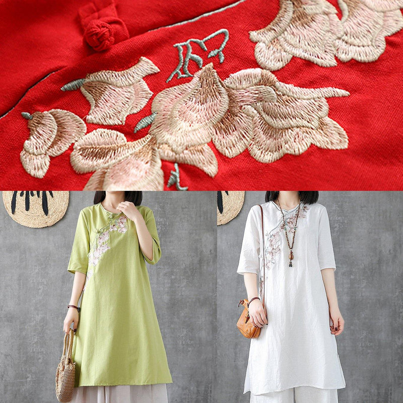 Red Cotton Dresses Embroidery Chinese Button Short Dress