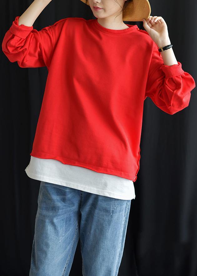 Red Cotton Shirts O Neck False Two Pieces Fall Tops