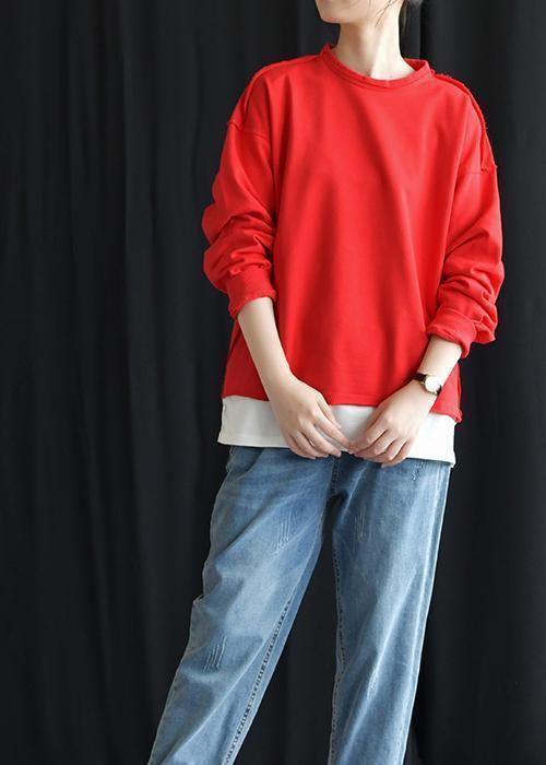 Red Cotton Shirts O Neck False Two Pieces Fall Tops