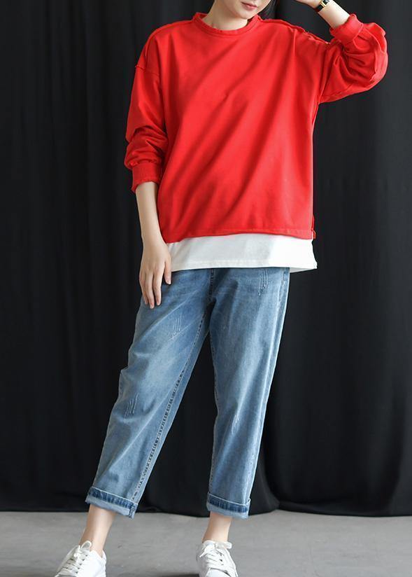 Chic red cotton shirts o neck false two pieces fall tops