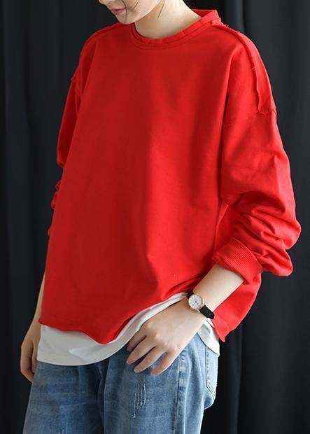 Chic red cotton shirts o neck false two pieces fall tops