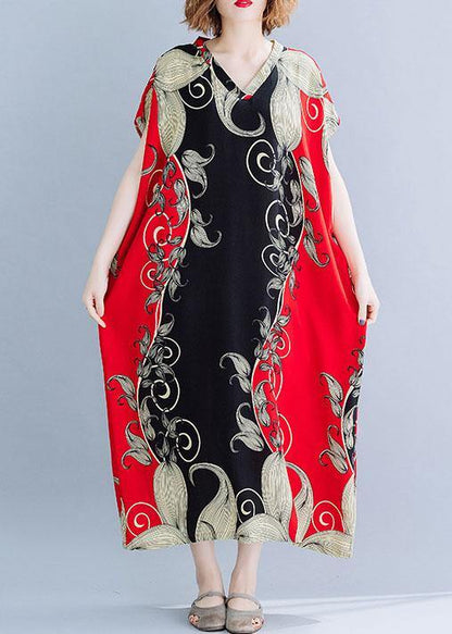 Red Print Cotton Tunic Dress V Neck Dresses Summer Dresses