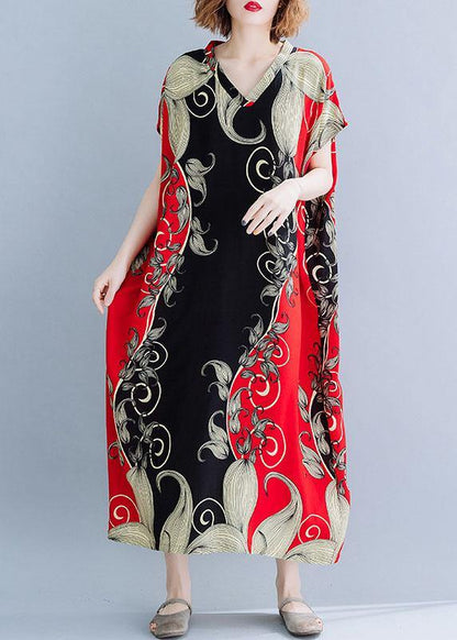 Red Print Cotton Tunic Dress V Neck Dresses Summer Dresses