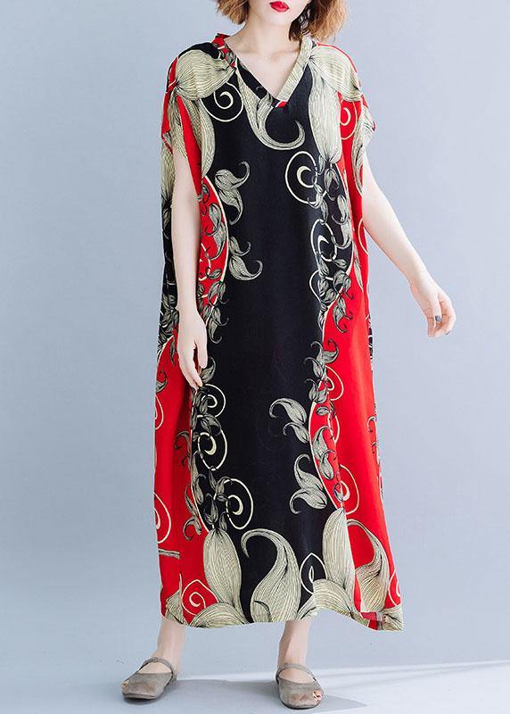 Red Print Cotton Tunic Dress V Neck Dresses Summer Dresses