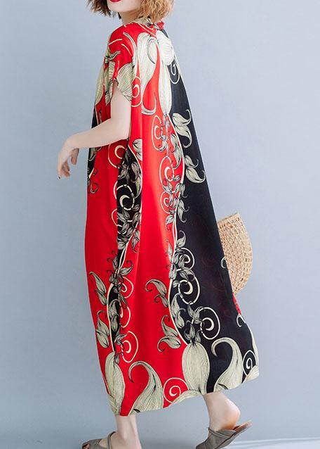 Red Print Cotton Tunic Dress V Neck Dresses Summer Dresses
