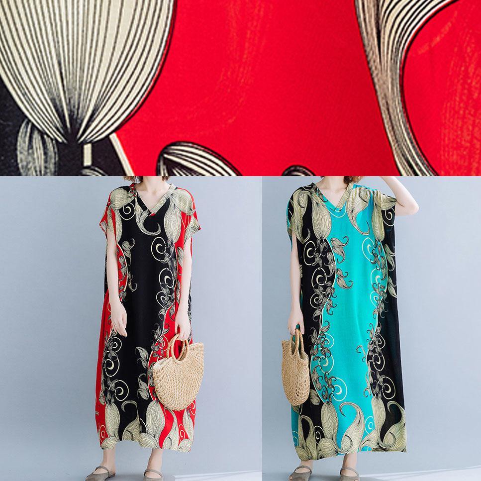 Red Print Cotton Tunic Dress V Neck Dresses Summer Dresses