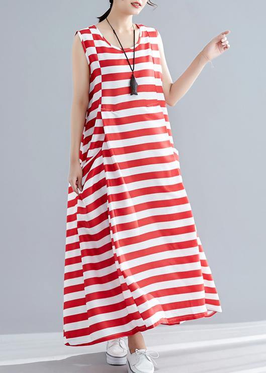 Red Striped Cotton Clothes Sleeveless O Neck Pockets Long Summer Dress