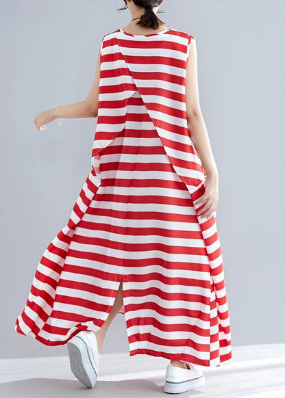 Red Striped Cotton Clothes Sleeveless O Neck Pockets Long Summer Dress