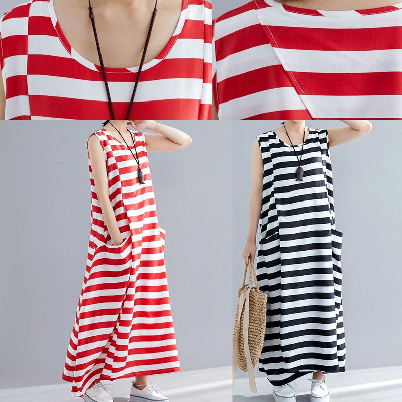 Red Striped Cotton Clothes Sleeveless O Neck Pockets Long Summer Dress