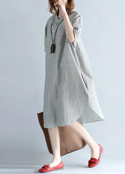 Side Open Cotton Long Shirts Work Gray Striped Dresses Summer