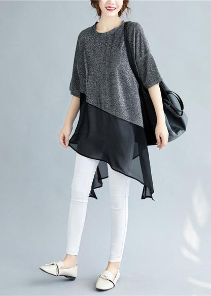 Silver Linen Tops O Neck Asymmetric Silhouette Summer Shirt