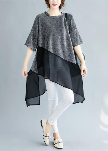 Silver Linen Tops O Neck Asymmetric Silhouette Summer Shirt