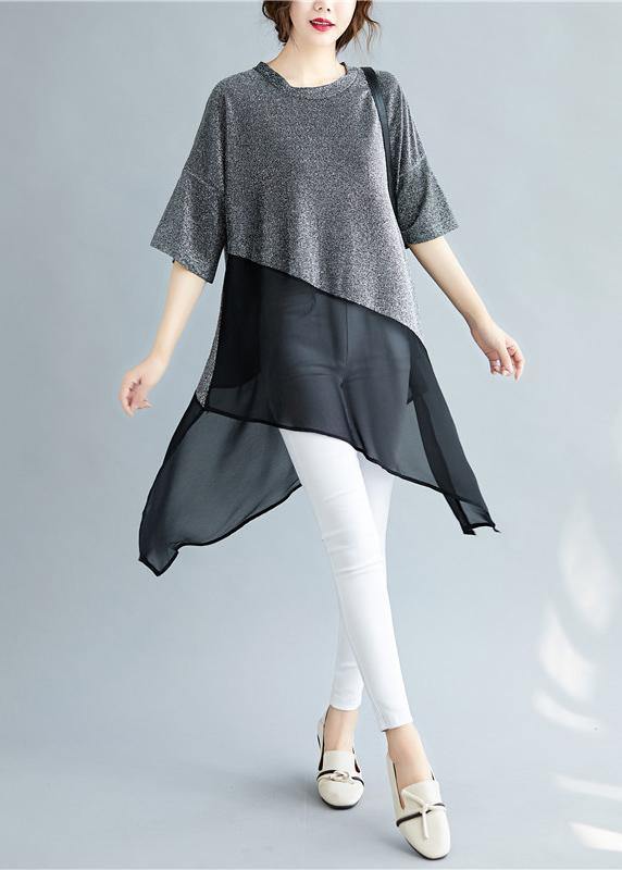 Silver Linen Tops O Neck Asymmetric Silhouette Summer Shirt