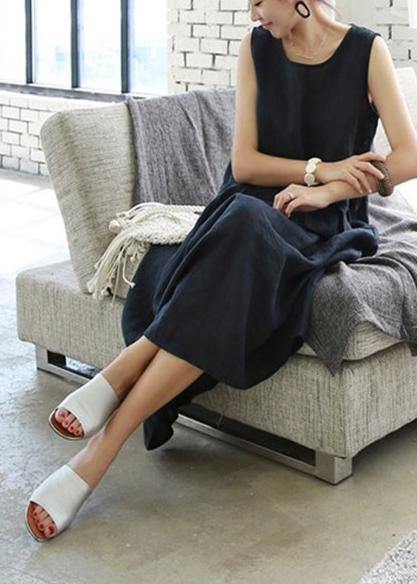 Sleeveless O Neck Cotton Wardrobes Design Silver White Dress