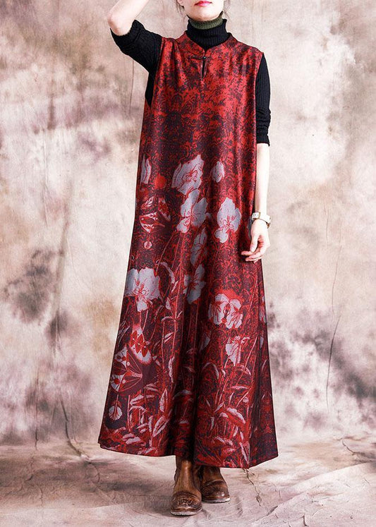 Stand Collar Chinese Button Sleeveless Cotton Tunic Top Linen Red Print Dresses Fall