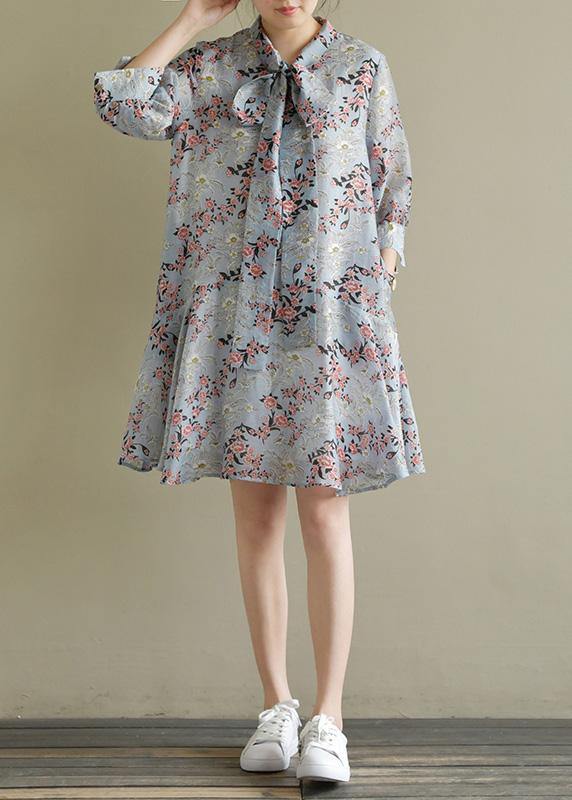 Stand Collar Half Sleeve Light Blue Print Dress Summer