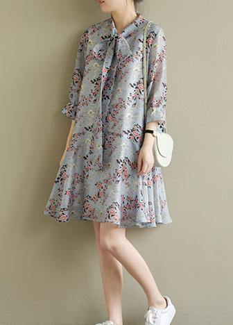 Stand Collar Half Sleeve Light Blue Print Dress Summer