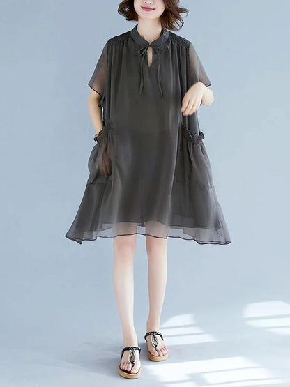 Stand Collar Pockets Outfit Sewing Gray Dresses