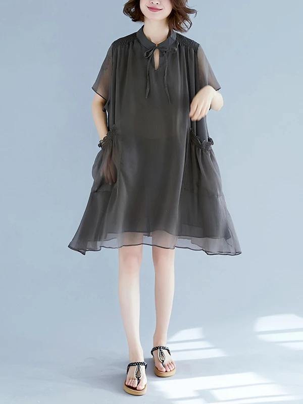 Stand Collar Pockets Outfit Sewing Gray Dresses