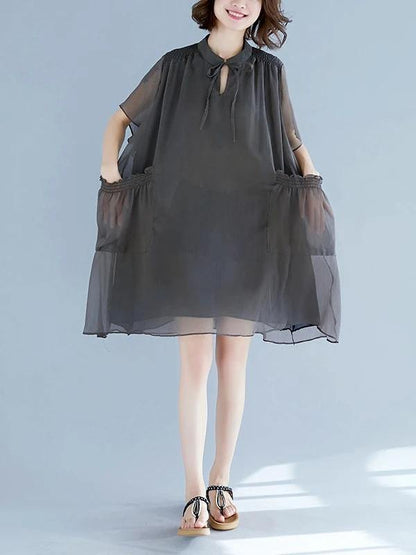 Stand Collar Pockets Outfit Sewing Gray Dresses